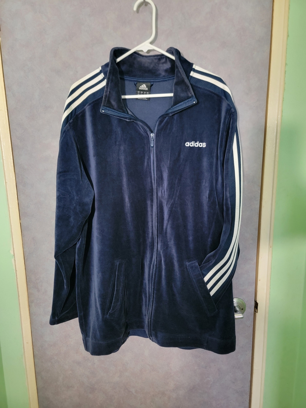 Vintage Adidas Men's Navy Velour Track Jacket with White Stripes